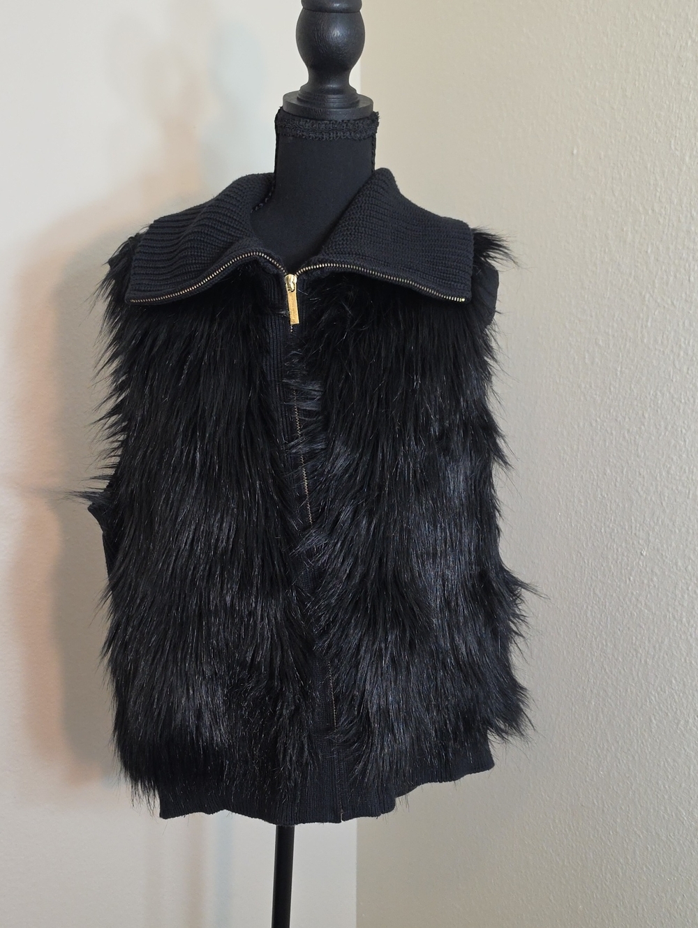 MICHAEL Michael Kors Black Faux Fur Zip Vest with Gold Hardware
